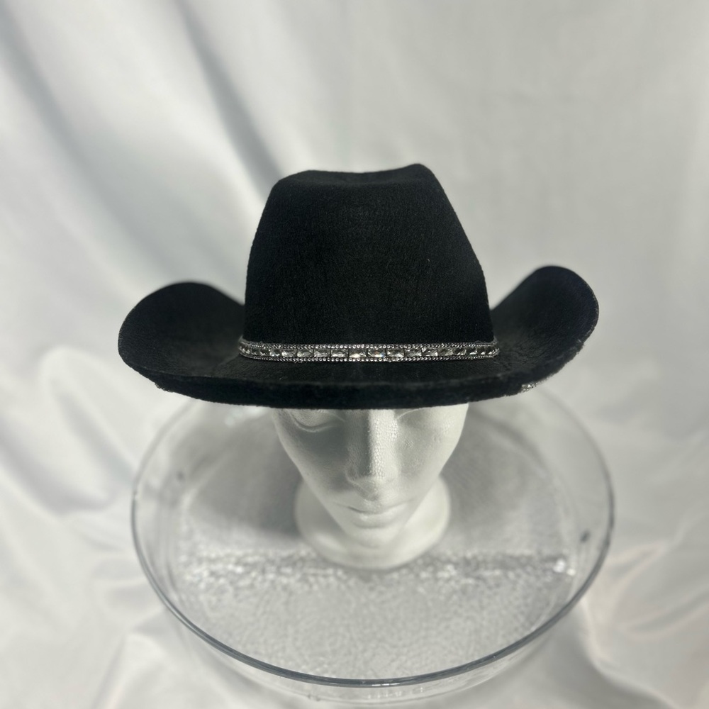 Black Cowboy Hat with Silver Trim and stars under brim.